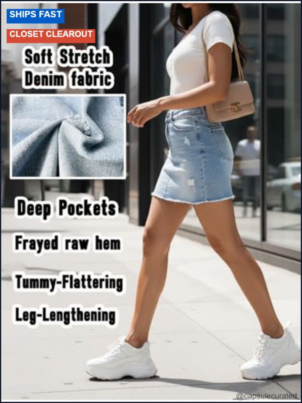High Waisted Stretchy Denim Mini Skirt with Distressed Ripped Details and - Picture 5 of 6